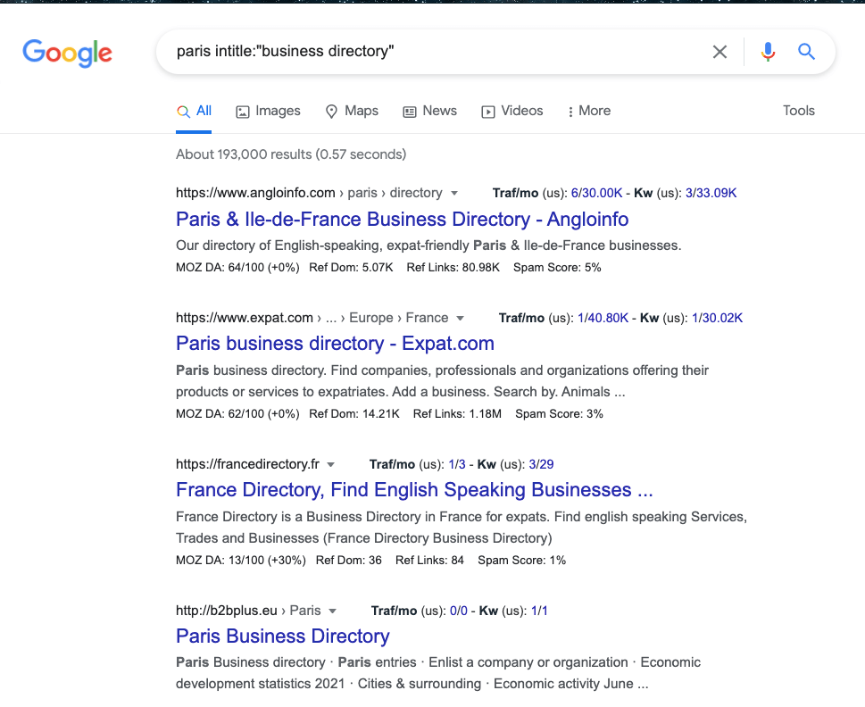 oogle Search Results Screenshot for business directory
